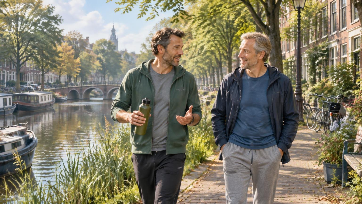 Twee vrienden wandelen ontspannen langs een Nederlandse gracht