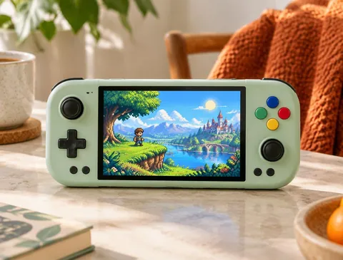 Een handheld spelcomputer met een kleurrijk spel op het scherm
