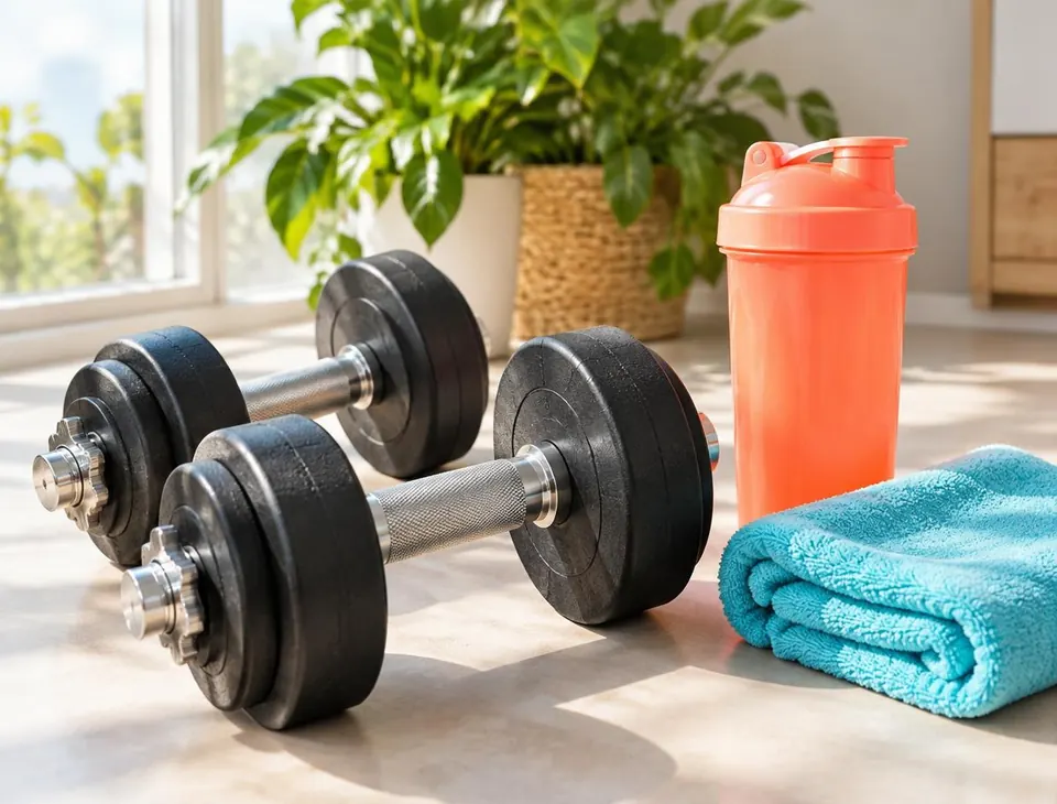 Dumbbells, een oranje shaker en een sporthanddoek in het zonlicht